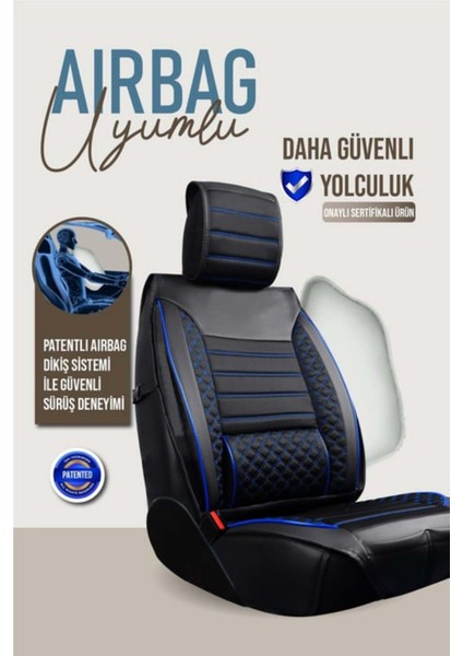 Chevrolet Lacetti Uyumlu Yarı Deri Oto Koltuk Kılıfı Tam Set Vena Siyah-Mavi indirimleri