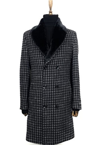 8501 Erkek Siyah Kareli Buklet Kumaş Çıkma Kürk Yaka Kruvaze Kısa Palto