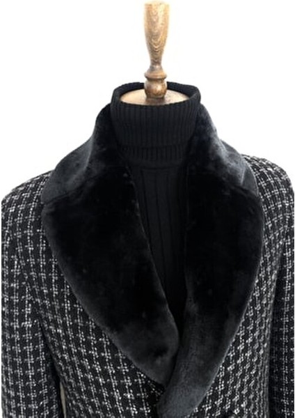 8501 Erkek Siyah Kareli Buklet Kumaş Çıkma Kürk Yaka Kruvaze Kısa Palto fiyatları