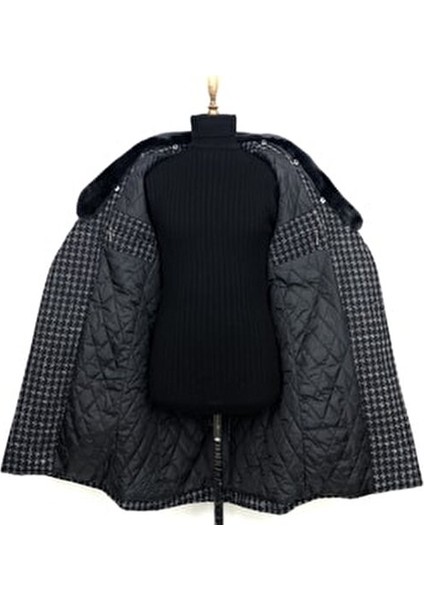 8501 Erkek Siyah Kareli Buklet Kumaş Çıkma Kürk Yaka Kruvaze Kısa Palto fırsatları