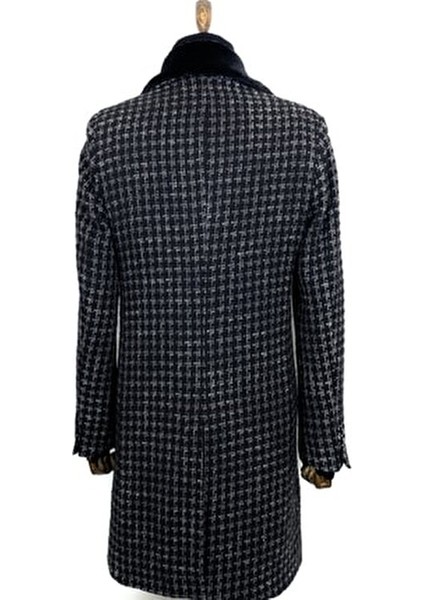 8501 Erkek Siyah Kareli Buklet Kumaş Çıkma Kürk Yaka Kruvaze Kısa Palto indirimleri