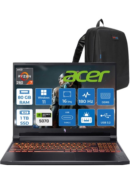 Nitro V 16S Aı Amd Ryzen™ 7 260 80GB Ddr5 1tb SSD 8GB/RTX5070 95W 16"qhd+ 2560X1600 180Hz IPS WIN11HOME Gaming Bilgisayar. NHQYYEY001H23+ZETTAÇANTA