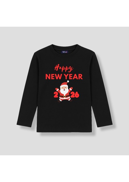 Yeni Yıl Happy New Year 2026 Uzun Kollu Baskılı Unisex Tişört (4-13 Yaş)