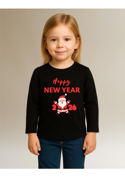 Yeni Yıl Happy New Year 2026 Uzun Kollu Baskılı Unisex Tişört (4-13 Yaş) modelleri