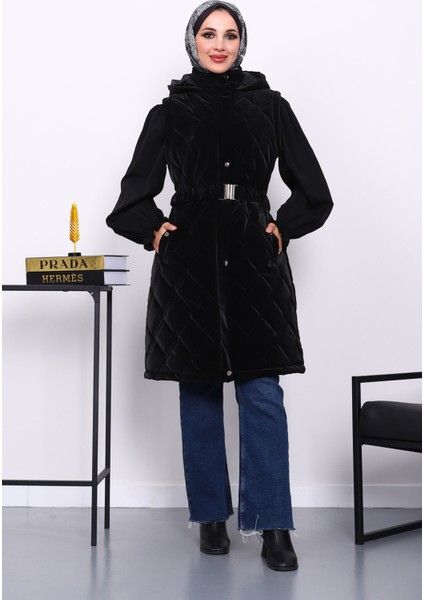 Siyah Kapşonlu Kemerli Şişme Yelek