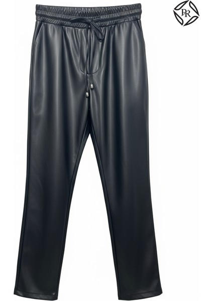 Kadın Rahat Kalıp Lastikli Bel Düz Paça Deri Pantolon