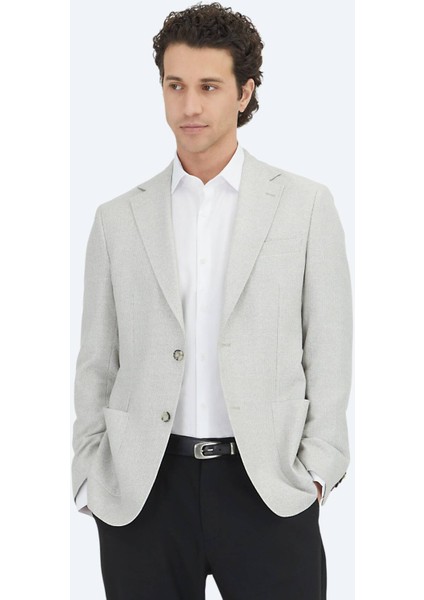 Gri Desenli Modern Fit Keten Karışımlı Ceket