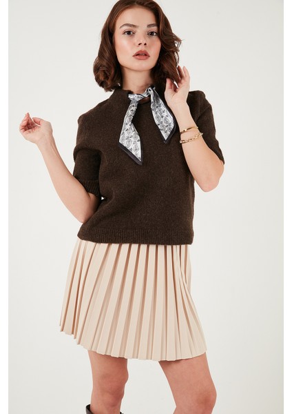 Yün Karışımlı Regular Fit Fularlı Yaka Kısa Kollu Triko Kazak Bayan Kazak 4617023