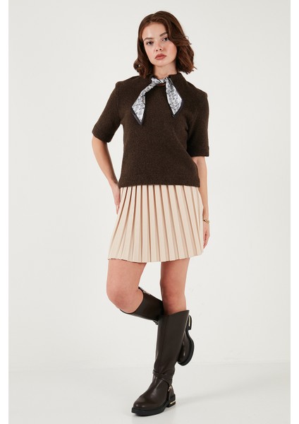 Yün Karışımlı Regular Fit Fularlı Yaka Kısa Kollu Triko Kazak Bayan Kazak 4617023 fiyatları