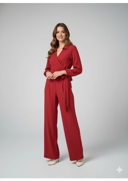 Kadın Kruvaze Bluz ve Geniş Paça Pantolon Ikili Takım Bürümcük Kumaş Şık Set