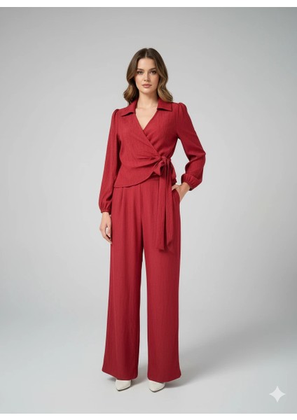 Kadın Kruvaze Bluz ve Geniş Paça Pantolon Ikili Takım Bürümcük Kumaş Şık Set fiyatları