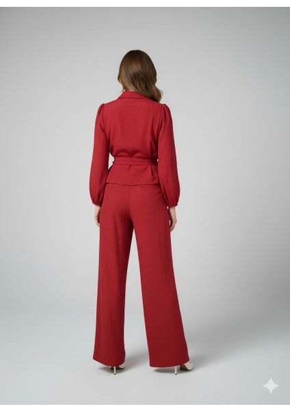 Kadın Kruvaze Bluz ve Geniş Paça Pantolon Ikili Takım Bürümcük Kumaş Şık Set fırsatları