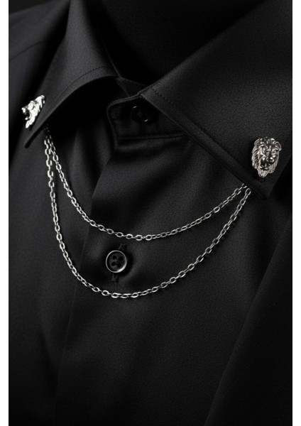 Gold Renk Aslan Zincirli Gömlek & Ceket & Damatlık & Yaka Iğnesi