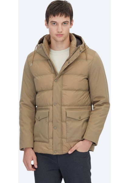 Deve Tüyü Kapüşonlu Casual Dokuma Kaban