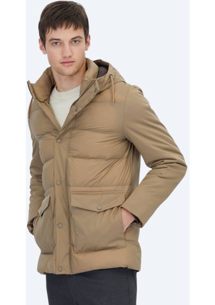 Deve Tüyü Kapüşonlu Casual Dokuma Kaban