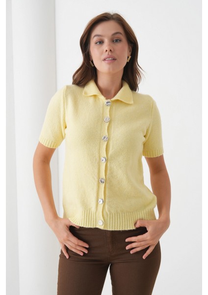 Kadın Polo Yaka Düğme Detay Kısa Kol Simli Triko Hırka