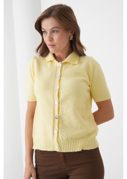 Kadın Polo Yaka Düğme Detay Kısa Kol Simli Triko Hırka fiyatları