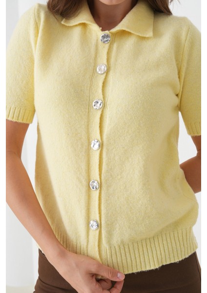 Kadın Polo Yaka Düğme Detay Kısa Kol Simli Triko Hırka modelleri