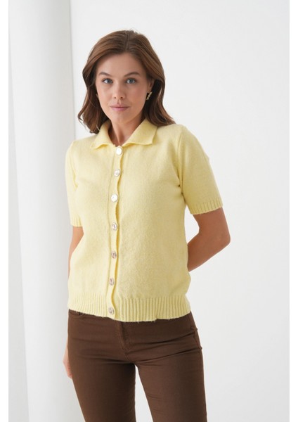 Kadın Polo Yaka Düğme Detay Kısa Kol Simli Triko Hırka fırsatları