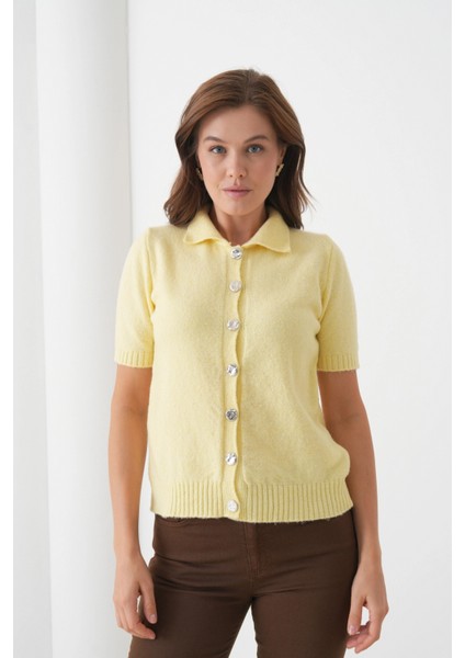 Kadın Polo Yaka Düğme Detay Kısa Kol Simli Triko Hırka indirimleri