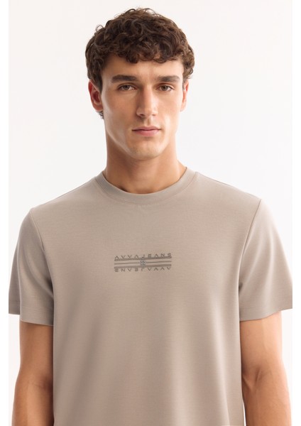 Erkek Vizon Bisiklet Yaka Viskon Karışımlı Bi-Stretch Baskılı Regular Fit T-Shirt A52Y1018