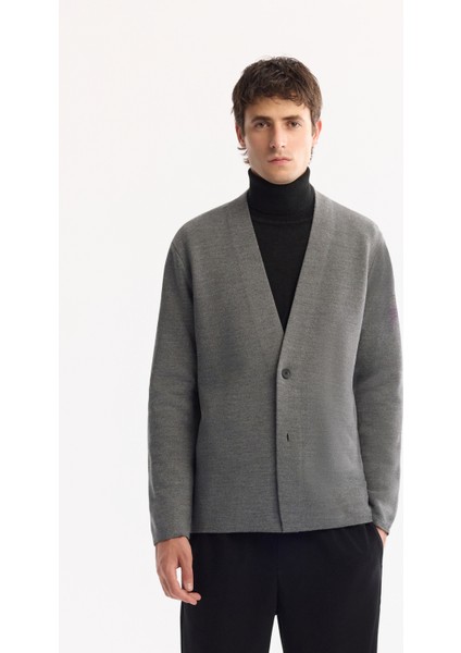 Erkek Gri Şal Yaka Düğmeli Yün Karışımlı Regular Fit Hırka A52Y5049