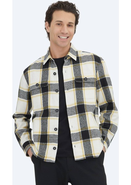 Bej Kareli Regular Fit Dokuma Yün Karışımlı Overshırt