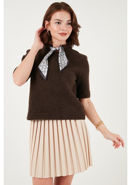 Yün Karışımlı Regular Fit Fularlı Yaka Kısa Kollu Triko Kazak Bayan Kazak 4617023 fırsatları