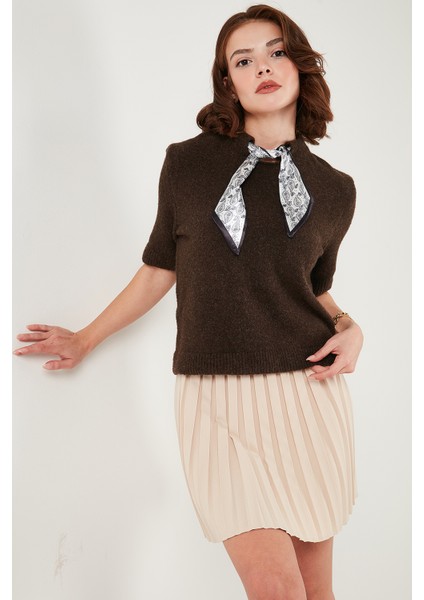 Yün Karışımlı Regular Fit Fularlı Yaka Kısa Kollu Triko Kazak Bayan Kazak 4617023 indirimleri