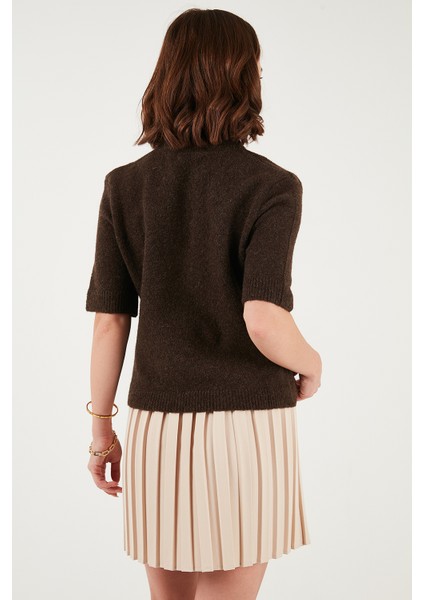 Yün Karışımlı Regular Fit Fularlı Yaka Kısa Kollu Triko Kazak Bayan Kazak 4617023