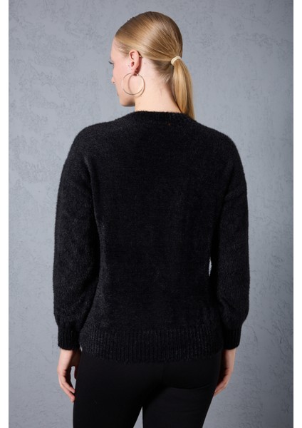 Kadın Siyah Sakal Iplik Önü Boncuk Nakışlı Balon Kollu V Yaka Triko Kazak indirimleri