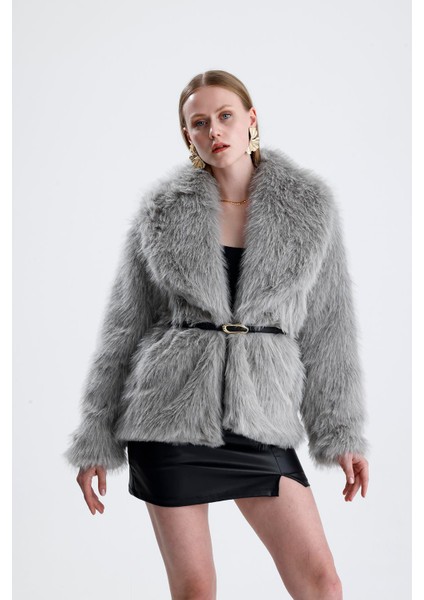 Deri Kemerli Kürk Kaban - Gri