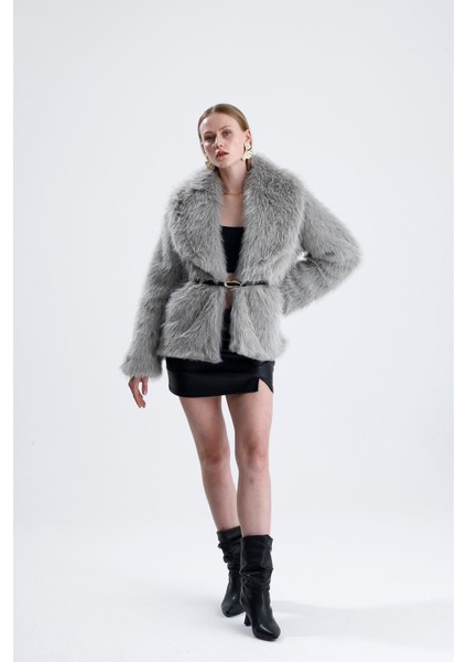 Deri Kemerli Kürk Kaban - Gri fiyatları