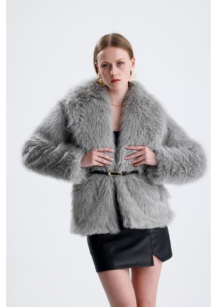 Deri Kemerli Kürk Kaban - Gri modelleri