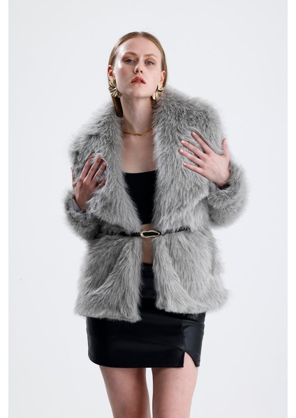 Deri Kemerli Kürk Kaban - Gri fırsatları