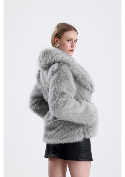 Deri Kemerli Kürk Kaban - Gri indirimleri