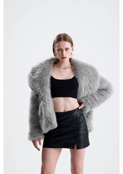 Deri Kemerli Kürk Kaban - Gri