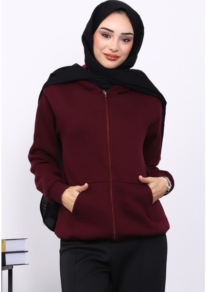 Mürdüm Kanguru Cepli Şardonlu Üç İplik Hırka