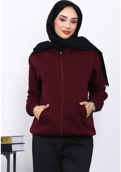 Mürdüm Kanguru Cepli Şardonlu Üç İplik Hırka fiyatları