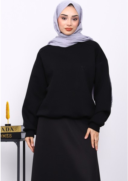 Siyah Kanguru Cepli Şardonlu Üç İplik Hırka