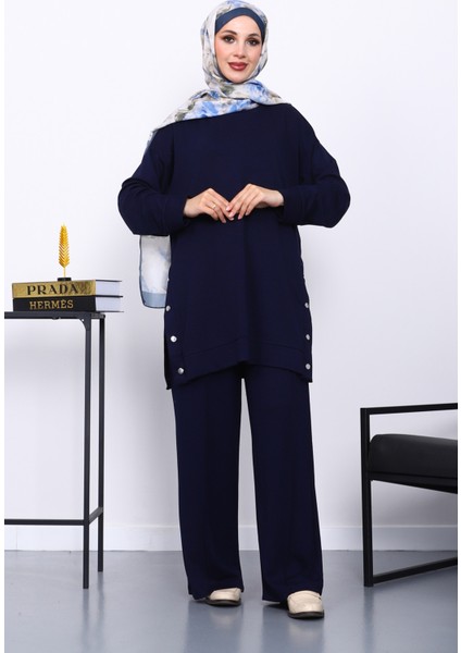 Lacivert Bisiklet Yaka Çıtçıt Detaylı Modal Takım