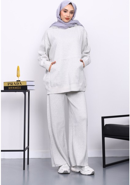 Ekru Kapşonlu Kanguru Cepli Pantolonlu Triko Takım fiyatları