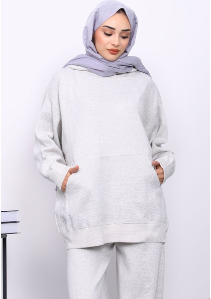 Ekru Kapşonlu Kanguru Cepli Pantolonlu Triko Takım modelleri