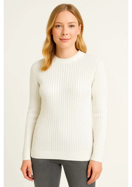 Kadın Bisiklet Yuvarlak Yaka Triko Kazak Pamuklu Kalın Fitilli Dokuma, Regular Fit Uzun Kollu Kışlık Model - Beyaz fiyatları