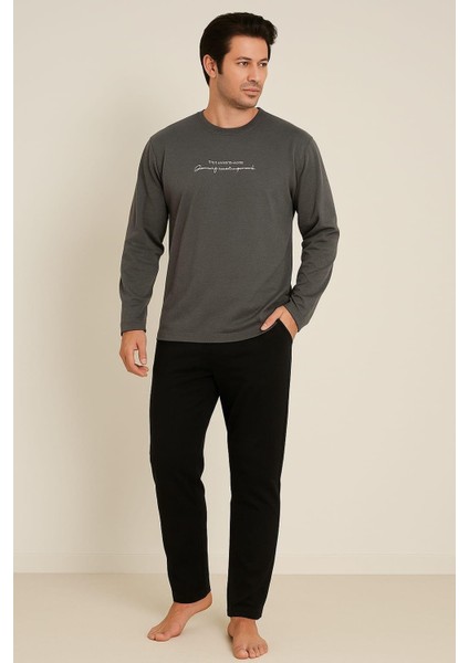 Erkek 1909 Uzun Kol % 100 Pamuk Pijama Takımı Füme