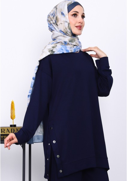 Lacivert Bisiklet Yaka Çıtçıt Detaylı Modal Takım modelleri