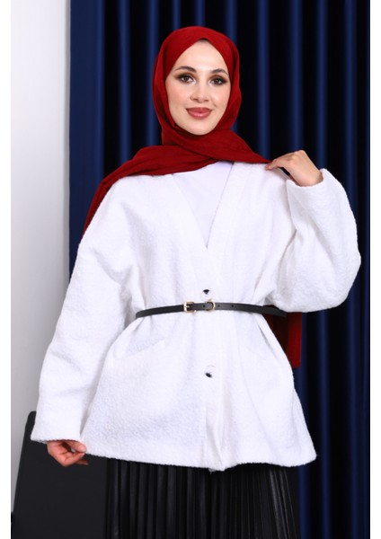 Ekru Kemerli Oversize Buklet Ceket