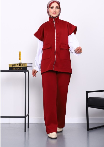 Bordo Fermuarlı Cepli Yelek Pantolonlu Scuba Takım