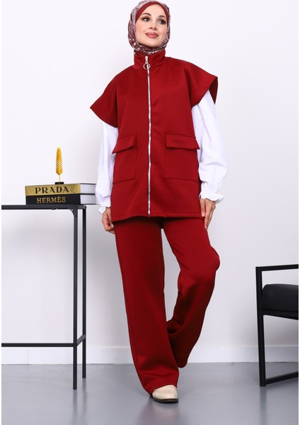 Bordo Fermuarlı Cepli Yelek Pantolonlu Scuba Takım fiyatları