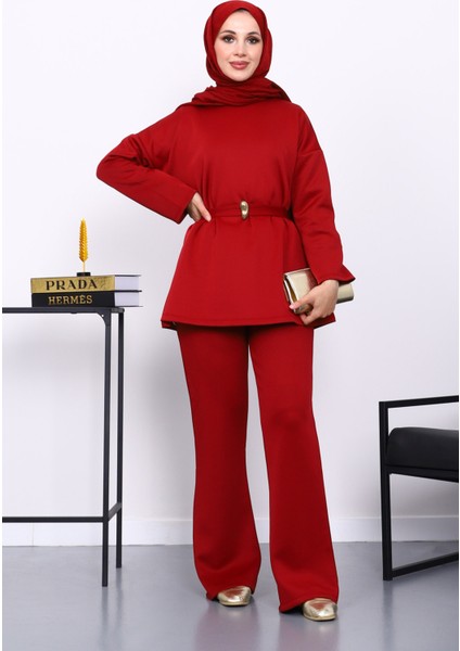 Bordo Kemerli Tunik Pantolonlu Scuba Takım
